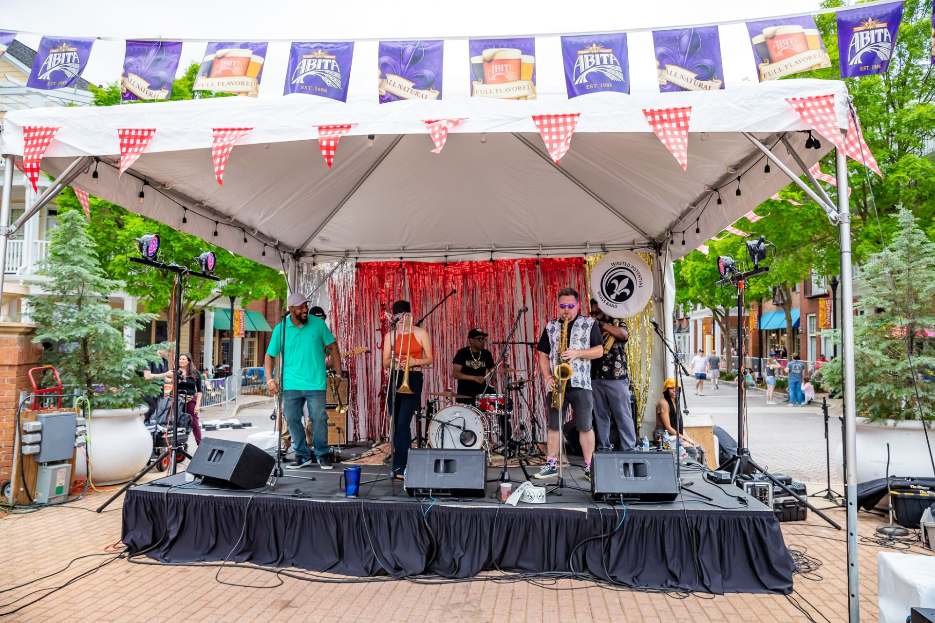 Brass band performing on the main stage at the Atkins Park Crawfish Boil