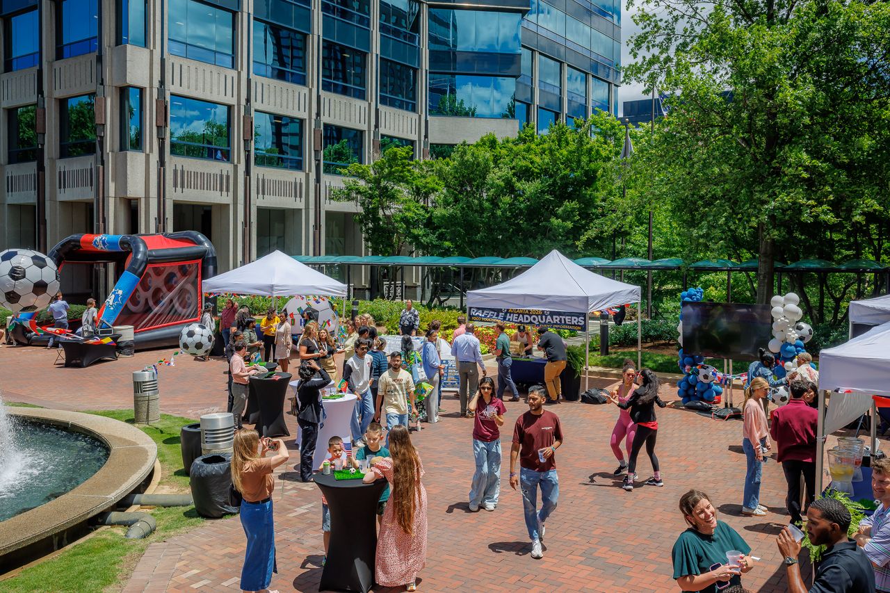 Plaza activation with soccer games, tents, and balloon installs